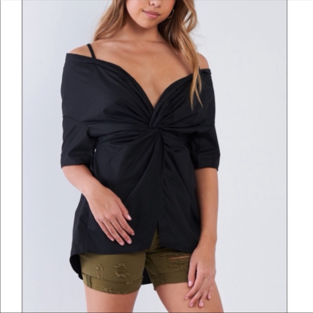 🆕 Black Cold Shoulder Front Twist High Low Top